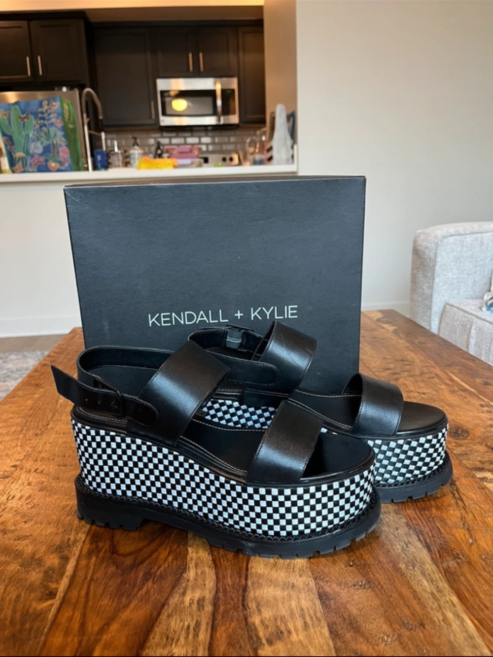 KENDALL + KYLIE Black Leather Platform Sandals with Checkerboard Platform